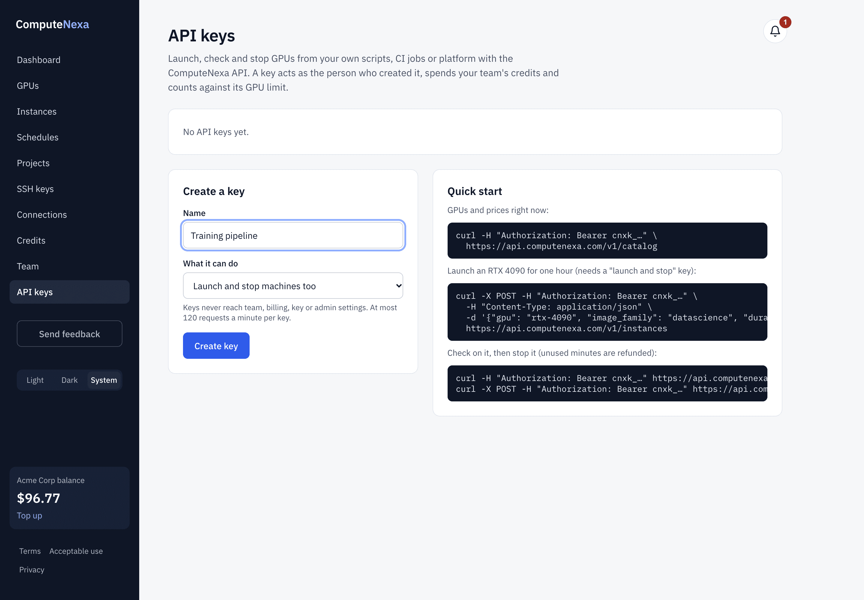 The API keys page: name, what it can do, Create key, and a quick start