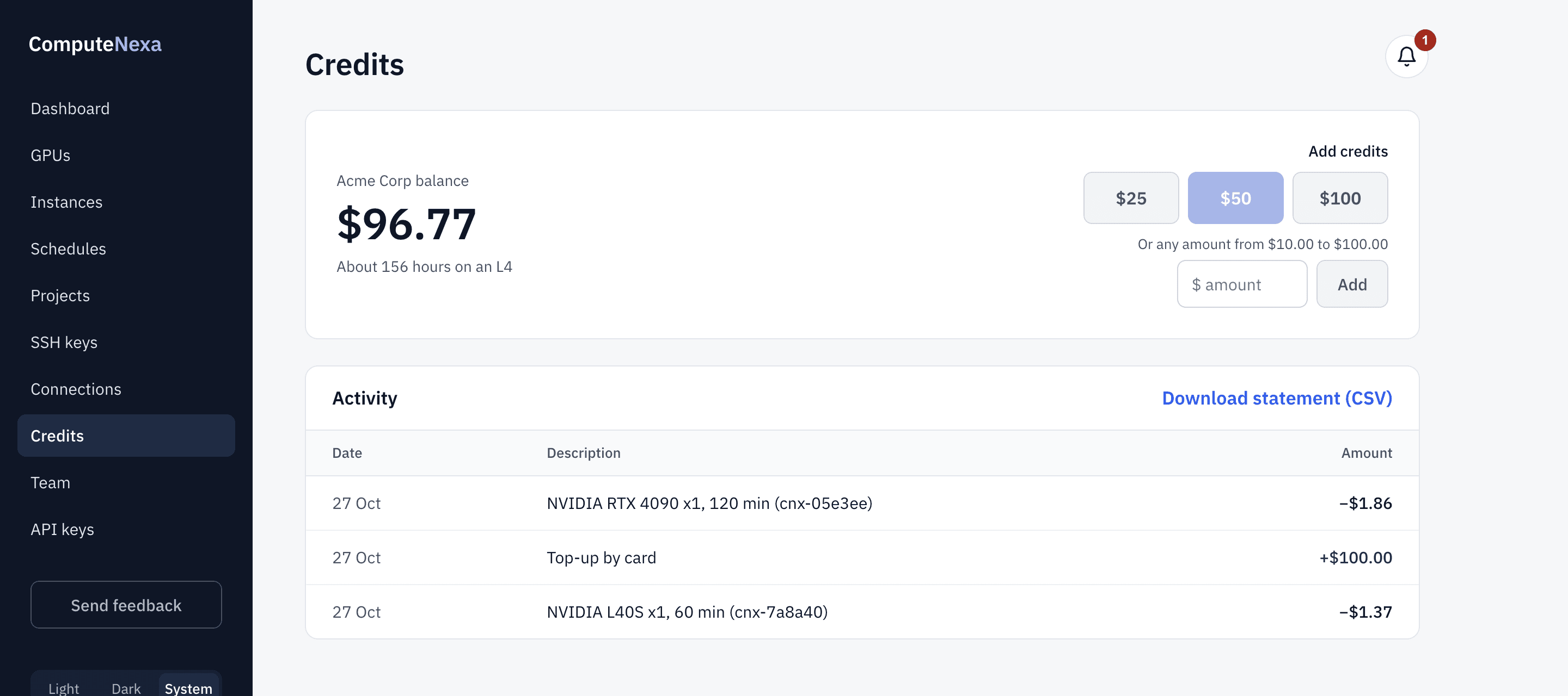 Credits: the team's balance, adding credits, and the team's activity