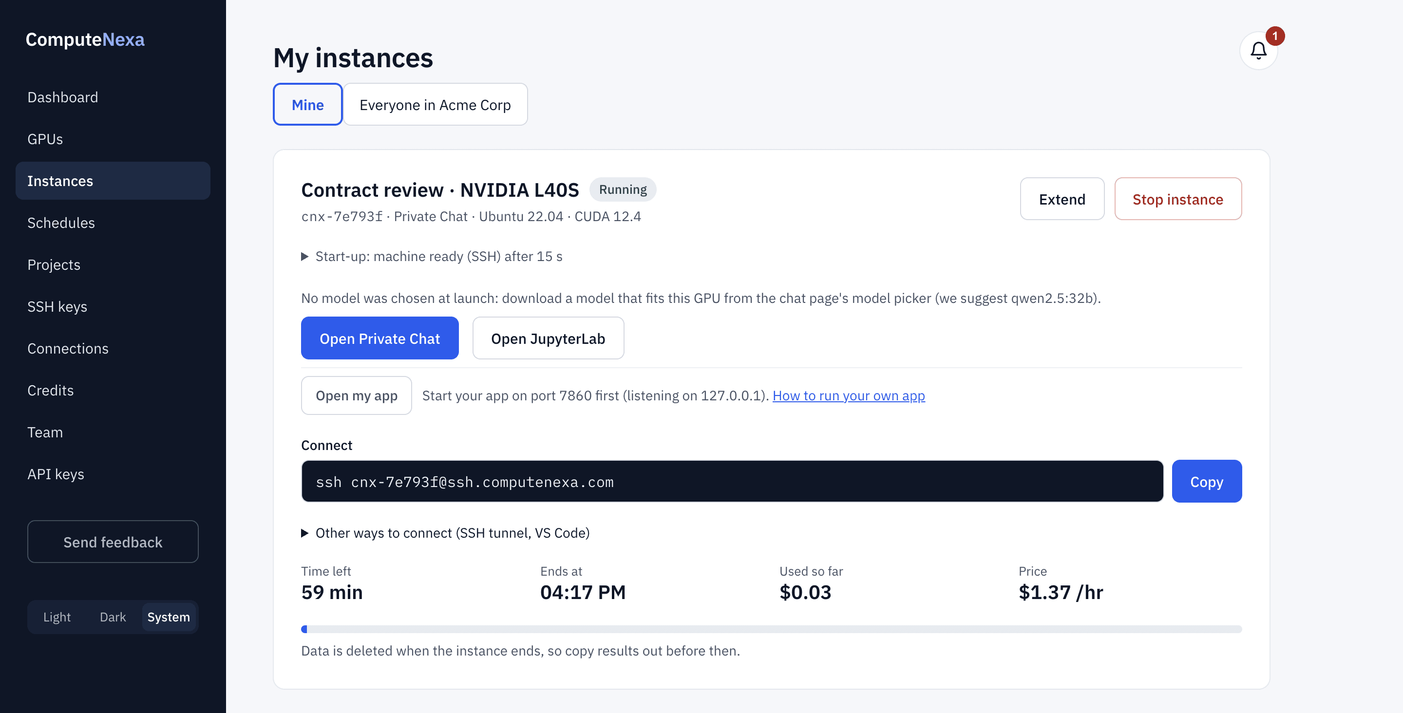 A running machine: open buttons, the SSH command, time left and cost so far