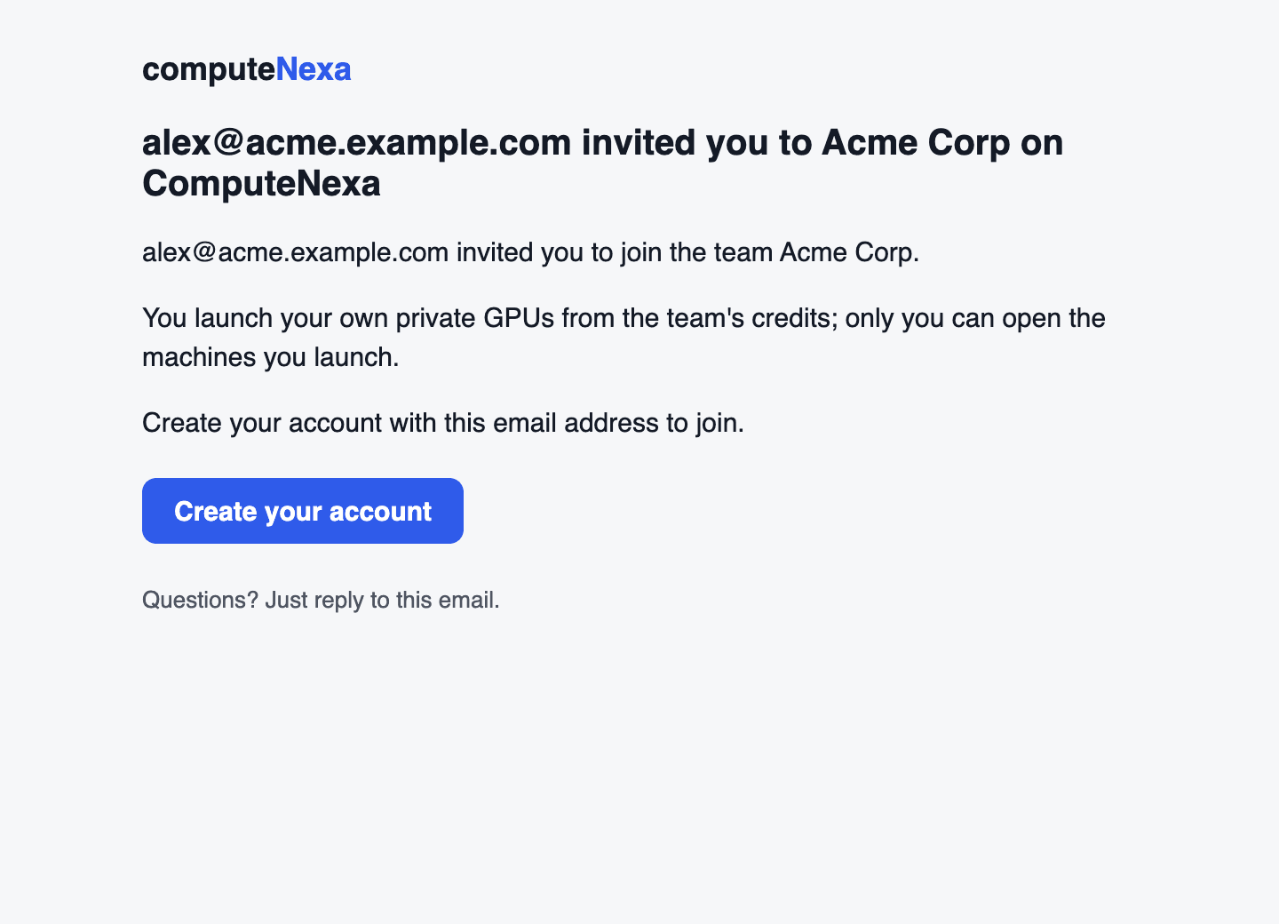 The invitation email with a Create your account button