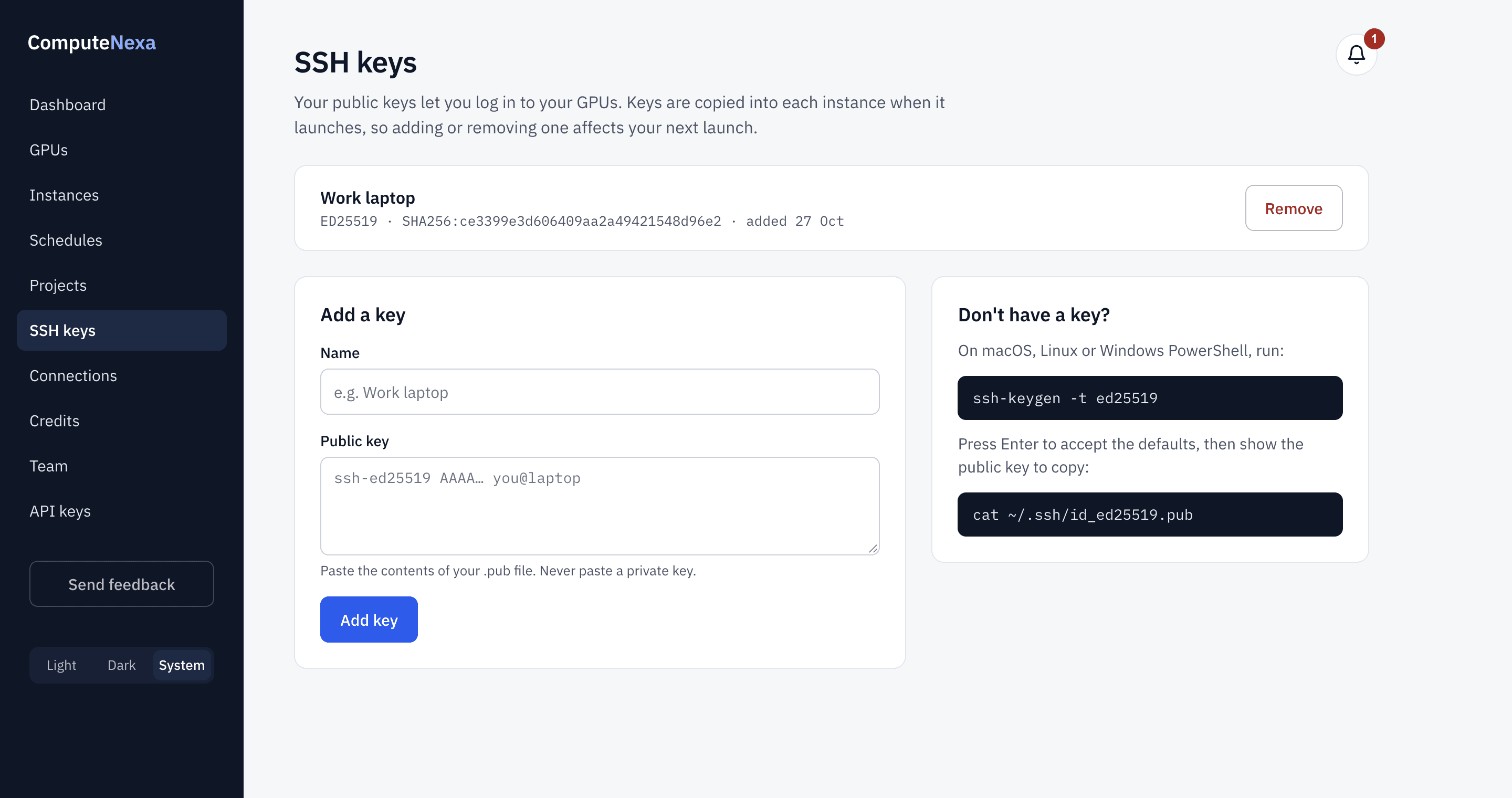 The SSH keys page with one key added