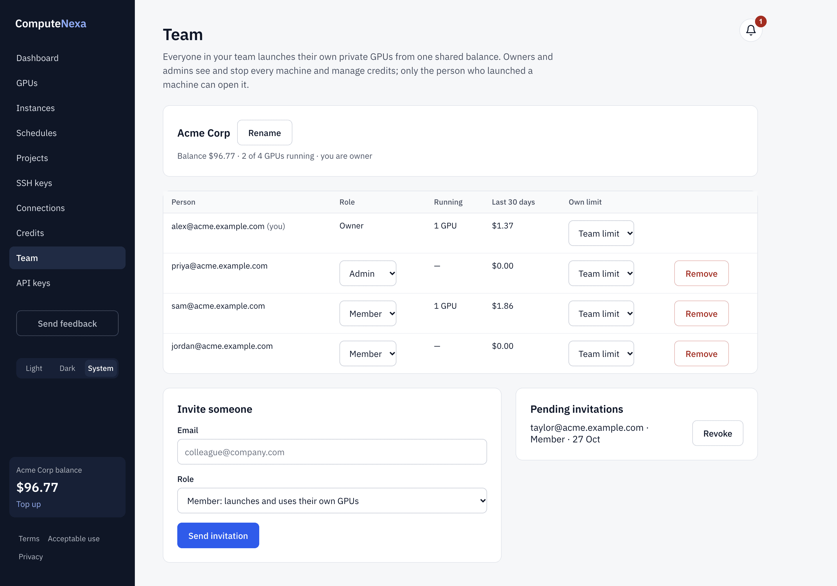 The Team page: team name, balance, GPUs running, the members table, the invite form and pending invitations